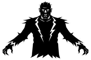 Black silhouette of frankenstein monster. Halloween party. Isolated image of scary zombie. Dead man on white background. Vector illustration