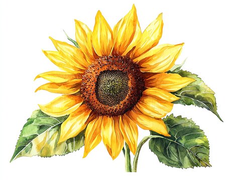 recommend clip art: Watercolor painting of a sunflower with two leaves