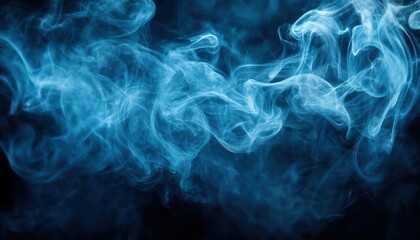 Fototapeta premium Mysterious blue smoke swirling gracefully against a dark background, creating an ethereal and captivating atmosphere.