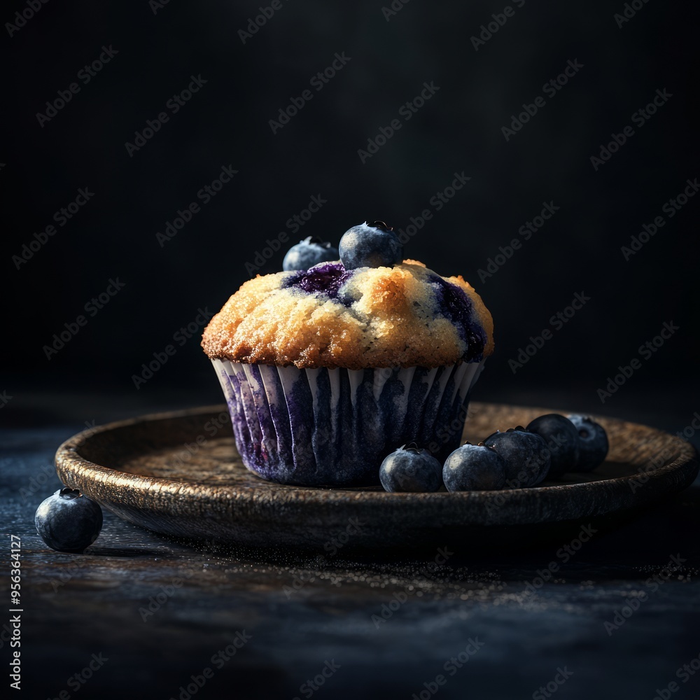 Wall mural A single blueberry muffin on a rustic wooden plate, with fresh blueberries scattered around it.