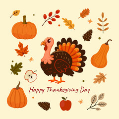 Thanksgiving vector illustration Turkey bird surrounded by pumpkin, apples, leaves. Bright greeting card on light background. Postcard, brochure, poster, sticker Isolated