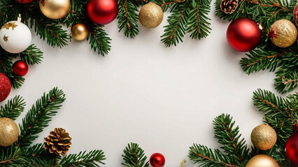 Christmas Background with Fir Branches Decorated with Red and Gold New Year Balls on White, Elegant and Festive