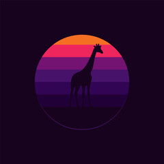 Giraffe silhouette against a striped retro sunset. Original vector illustration in vintage style isolated on black background. T-shirt design.