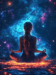 Obraz premium Silhouette of a woman meditating in lotus pose against a fantastical cosmic space background with abstract vibrant art new beautiful stock image illustration AI