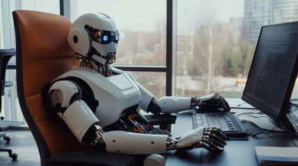 A white humanoid robot sits at a desk in a modern office, typing on a keyboard, facing a large computer monitor with its blue glowing eyes looking ahead.