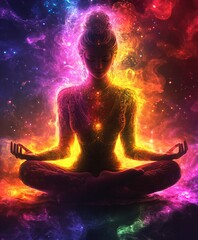 Naklejka premium Silhouette of a woman meditating in lotus pose against a fantastical cosmic space background with abstract vibrant art new beautiful stock image illustration AI