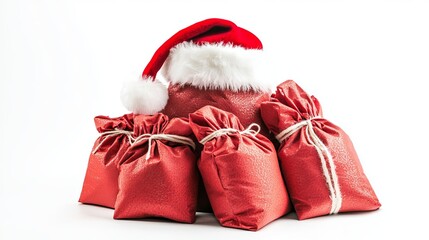 Christmas gift bags with a Santa hat arranged on a white background