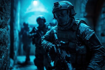 Naklejka premium A group of armed soldiers in tactical gear and helmets navigate through a dimly lit, narrow corridor, seemingly in a mission or training exercise, enhanced by a blue tint.