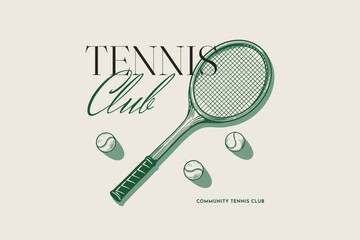 An illustration of a tennis racket with three tennis balls and the text "Tennis Club". Perfect for tennis clubs, sports events, and community activities.