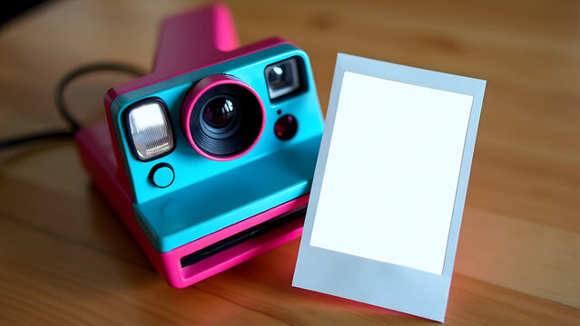 A nice colored instant camera and a photo without any images