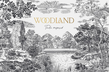 Card. Woodland. Vector vintage illustration. Black and white