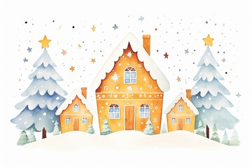 A cozy winter scene featuring charming houses surrounded by snow-covered trees and stars, perfect for seasonal decoration.