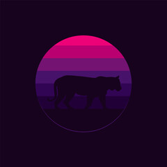 Silhouette of a tiger against a striped retro sunset. Original vector illustration in vintage style isolated on black background. T-shirt design.