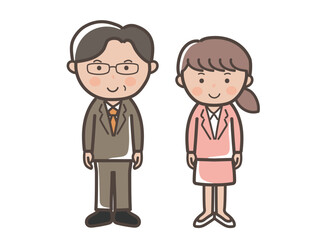 正面を向いて立つスーツ姿の男女ビジネスマンの全身イラスト_上司と部下セット