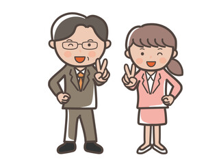 笑顔でピースをするスーツ姿の男女ビジネスマンの全身イラスト_上司と部下セット
