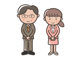 接客ポーズでもてなすスーツ姿の男女ビジネスマンの全身イラスト_上司と部下セット