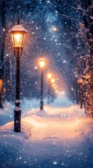 Magical Night Snowfall with Warm Streetlight Glow