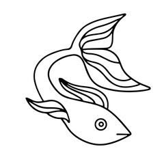 Vector. Fish drawing. Outline illustration of a goldfish. doodle Coloring page. Design element for logo, cards, invitations, menus, packaging, posters