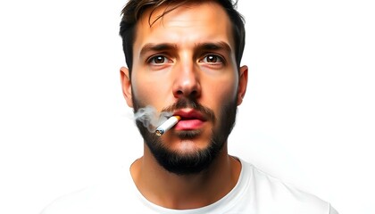 Fototapeta premium Smoking bad habits cigarettes drugs, a man with a cigarette in his mouth isolated on a white background