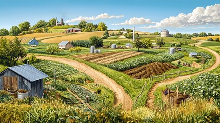 A detailed illustration of regenerative farming practices, showcasing composting, cover crops, and crop rotation in a colorful, educational format