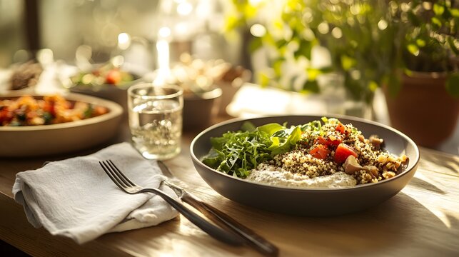 A healthy meal featuring dishes made from ancient grains, such as a quinoa salad and teff porridge, beautifully presented on a dining table