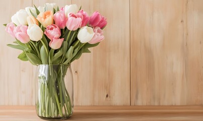Fototapeta premium glass vase with mixed tulips and roses, Generative AI