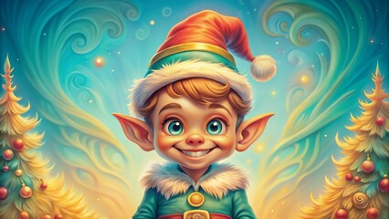 Fototapeta premium Joyful Christmas elf with cheerful expression standing in winter wonderland background