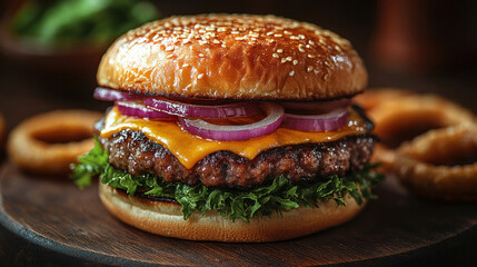 Cheeseburger and Onion Rings: A cheesy burger paired with crispy onion rings, highlighting the indulgent and flavorful combination.