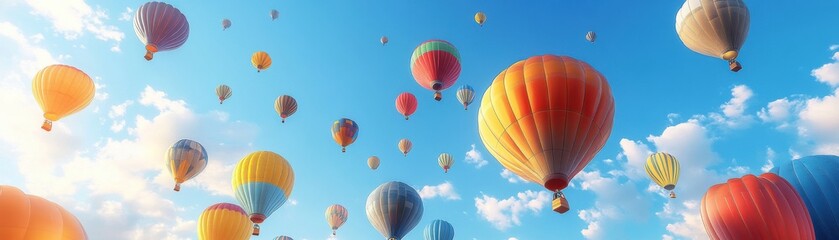 Fototapeta premium Vivid Colorful Hot Air Balloons Soaring in the Sky - 3D Illustration of Joyful Balloon Flight Adventure
