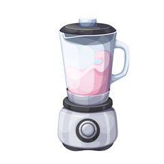 Making berry smoothie or milkshake in cartoon blender. Electric appliance preparing healthy pink blend of juice and milk, yogurt. Cooking process mascot, cartoon kitchen blender vector illustration