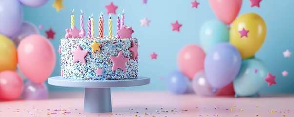 Podium with a birthday cake covered in galaxy patterns and star-shaped balloons, 3D render, cosmic and celestial celebration theme