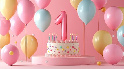 Podium with a cake in the shape of the number of the birthday year and themed balloons, 3D render, personalized and memorable celebration