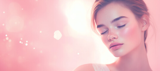 Naklejka premium Portrait of young woman with soft pastel pink background with copy space