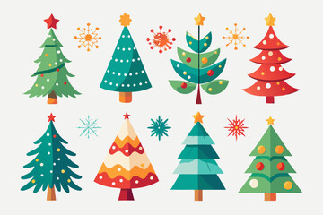 Christmas trees vector set isolated on white background, Colorful collection of Christmas New Year trees icon illustration