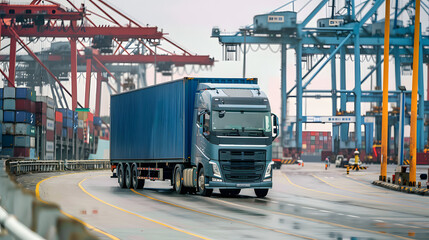 Naklejka premium Truck trailer on the pier in the cargo port terminal with cranes and containers. AI Generated