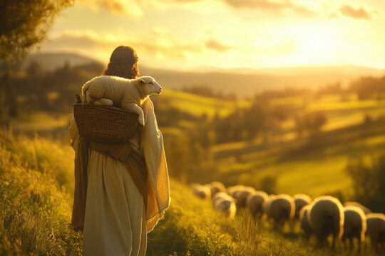 Shepherd is carrying a lamb on his shoulders while walking through green pastures with his flock at sunset