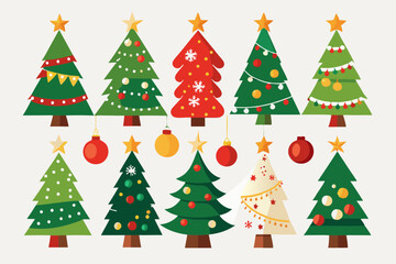 Christmas trees vector set isolated on white background, Colorful collection of Christmas New Year trees icon illustration