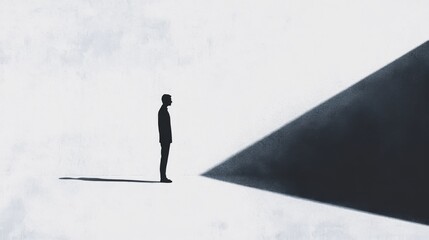 Obraz premium A lone figure stands in a vast white space, facing a dark triangle-shaped shadow, a symbolic representation of unknown challenges or uncertainty.