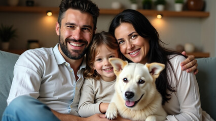 A close up of a smiling cheerful family sits together on a couch with a white dog puppy in the mother's lap at the living room at home. Light blurry background, creating a warm, cozy atmosphere.