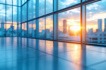Modern office interior with panoramic windows, ideal for business presentations, corporate events, or real estate marketing. Beautiful blurred background with copy space.