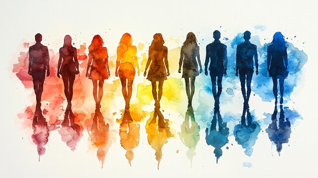 Multicolored spectrum silhouettes of people on a white background, perfect for business branding, team building events, and creative projects with copy space.