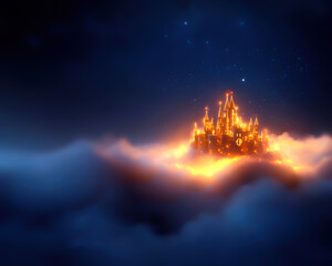A mystical castle glowing atop clouds under a starry night sky, evoking a sense of wonder and enchantment.
