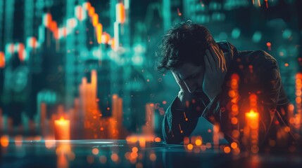 Fototapeta premium Stressed Young Man Analyzing Stock Market Data with Candlestick Charts in Background.