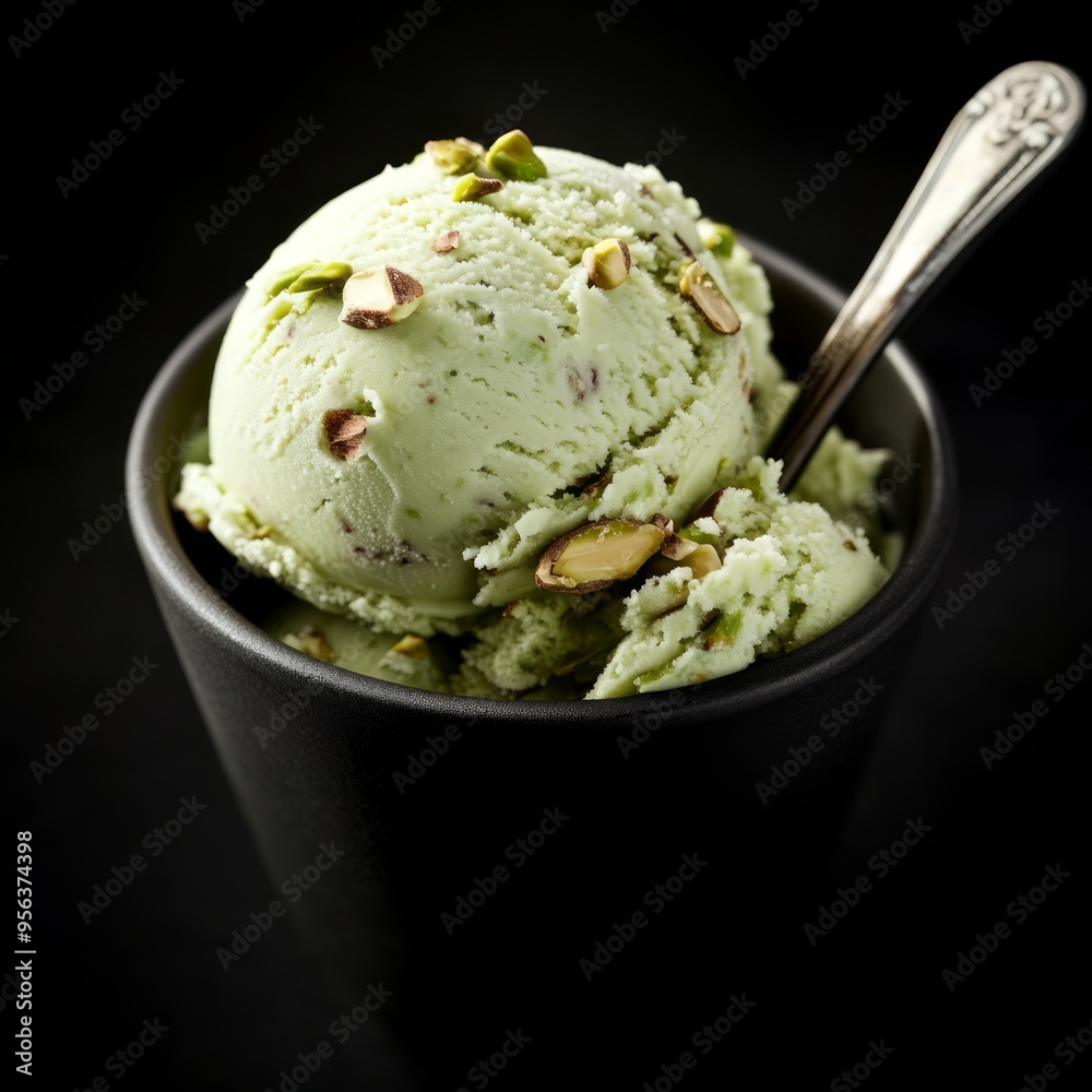 Poster A single scoop of pistachio ice cream in a black bowl with a silver spoon, isolated on a black background.