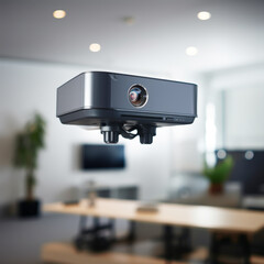Naklejka premium The square multimedia projector with lens hanging on the ceiling in the office, from a low angle