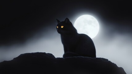 Black cat with glowing eyes, sitting beside a witch under the full moon, eerie night sky, Watercolor style