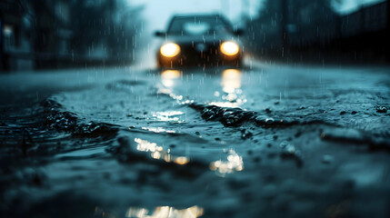 Car Driving Flooded Road Covered With Pouring
