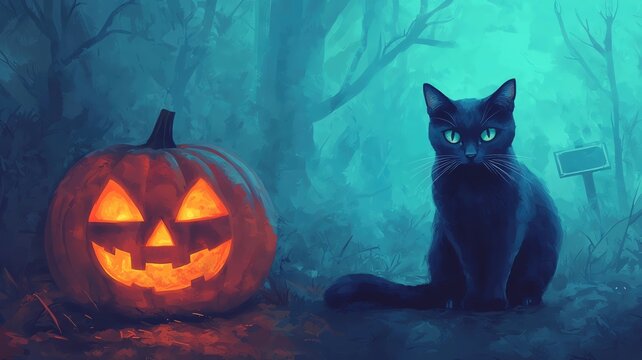 Glowing pumpkin with a superstitious black cat, surrounded by mystic signs, Watercolor style