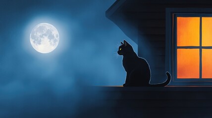 Haunted house with a black cat sitting in the window, full moon glowing in the background, Watercolor style