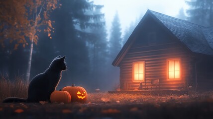 Haunted house with glowing pumpkins and a black cat on the porch, eerie atmosphere, Watercolor style